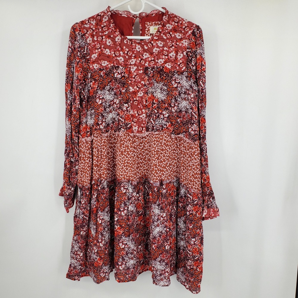 Maeve Anthropologie Red Mixed Floral Patchwork Tiered Mini Dress S Cottage Boho